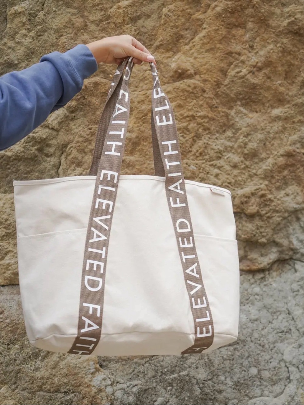Elevated Faith Tote Brown Straps. Also comes black with black/black straps.